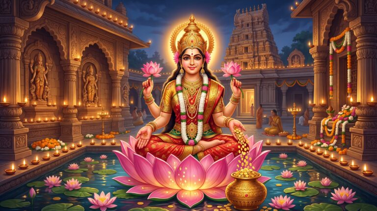 माँ लक्ष्मी जी कमल के फूल पर विराजमान, हाथों से सोने के सिक्के बरसाते हुए दिव्य चित्र