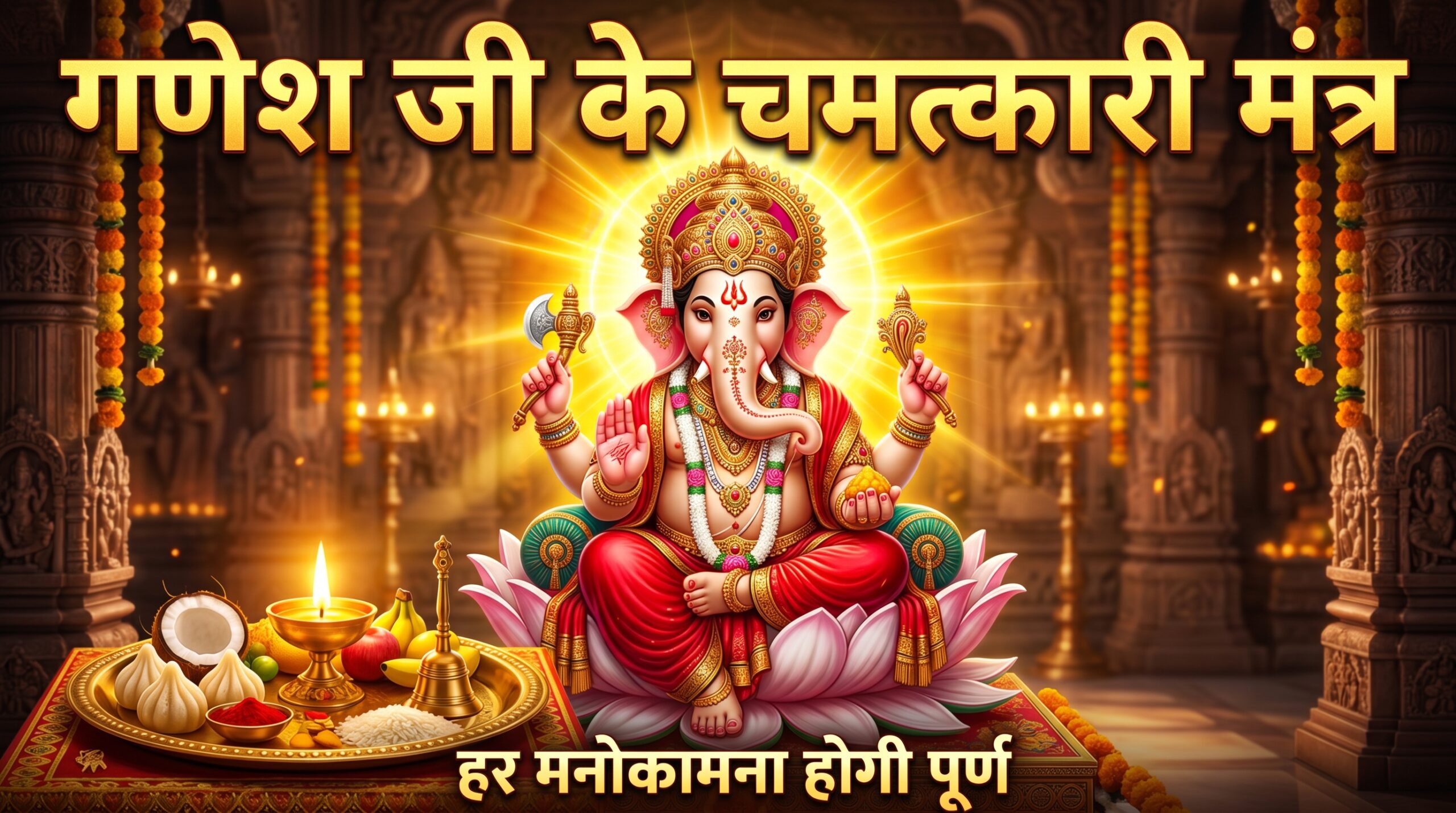 Lord Ganesha divine image with golden crown and red attire sitting on lotus