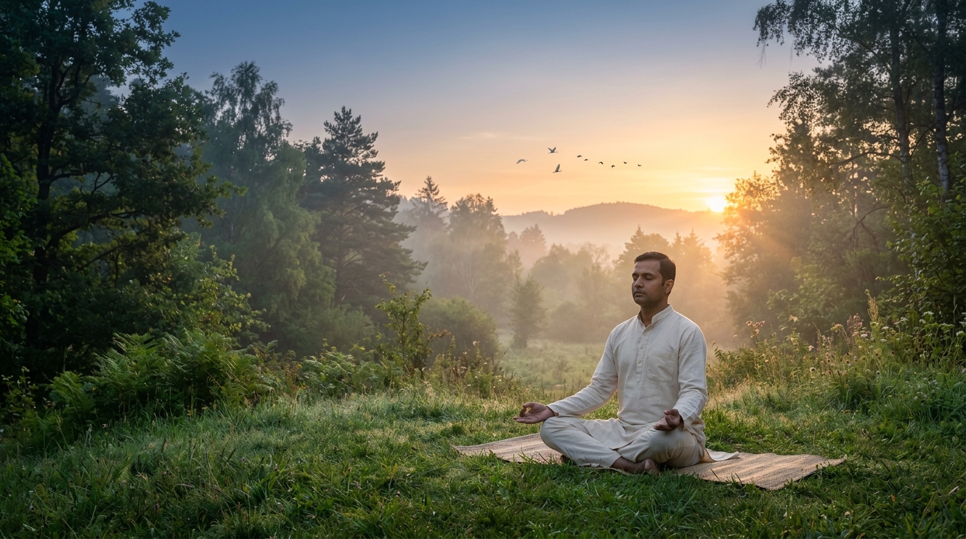 Person meditating during Brahma Muhurta before sunrise in a peaceful natural environment with soft morning sunlight and spiritual atmosphere