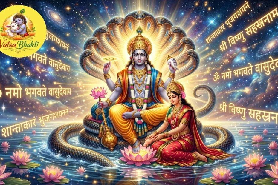 Lord Vishnu sitting on Sheshnag with divine aura and glowing most powerful Vishnu mantras in spiritual background