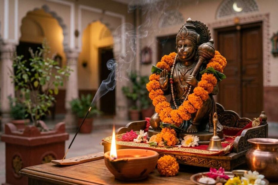 : "मंगलवार के उपाय के लिए हनुमान जी की पूजा करते हुए जलता हुआ दीपक और सिंदूर।"