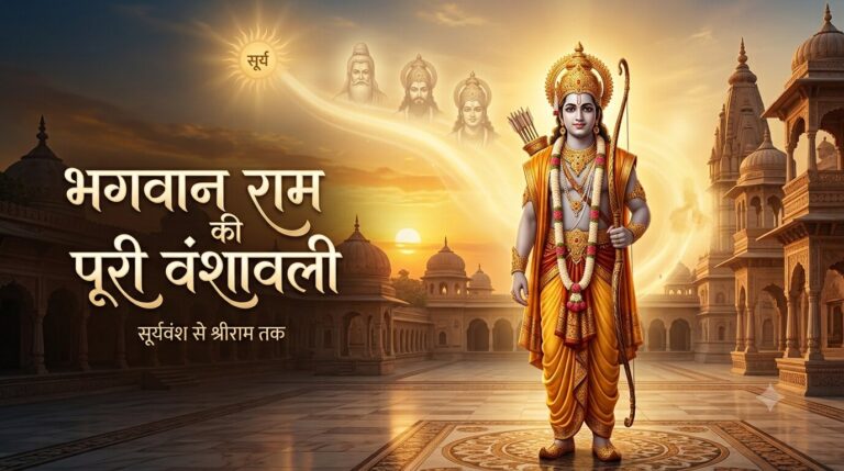 भगवान श्री राम और सूर्यवंश की संपूर्ण वंशावली का भव्य दिव्य चित्रण — सूर्यदेव से श्रीराम तक।