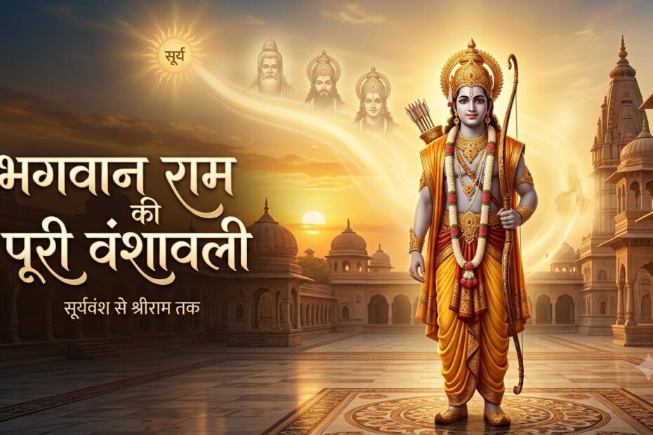 भगवान श्री राम और सूर्यवंश की संपूर्ण वंशावली का भव्य दिव्य चित्रण — सूर्यदेव से श्रीराम तक।