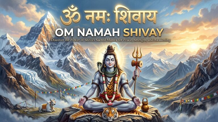 Lord Shiva in deep meditation on Mount Kailash with glowing Om Namah Shivay mantra written in Hindi Devanagari and English text