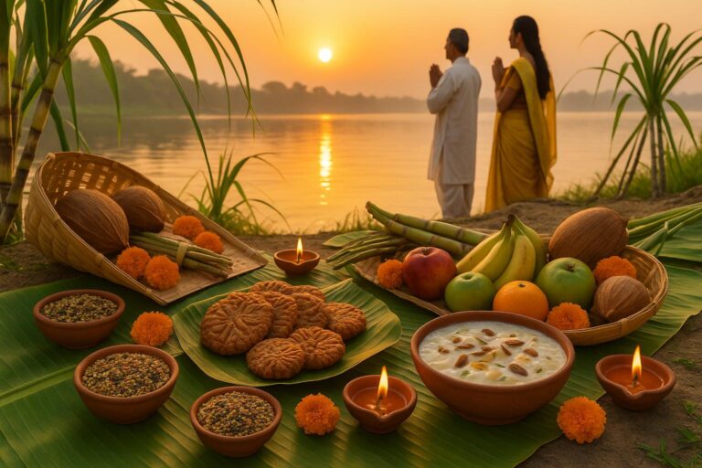 Chhath Puja 2026 Samagri List with Thekua, Fruits, Coconut and Sugarcane