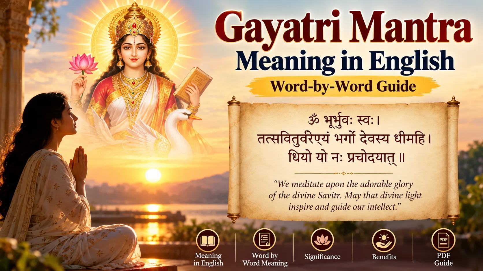 Gayatri Mantra meaning in English with Sanskrit lyrics and word-by-word translation