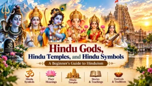 Hindu gods, traditional Hindu temple architecture, and sacred Hindu symbols representing Hindu culture and spirituality.