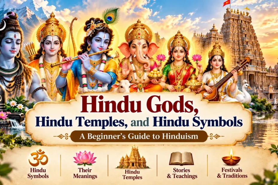 Hindu gods, traditional Hindu temple architecture, and sacred Hindu symbols representing Hindu culture and spirituality.