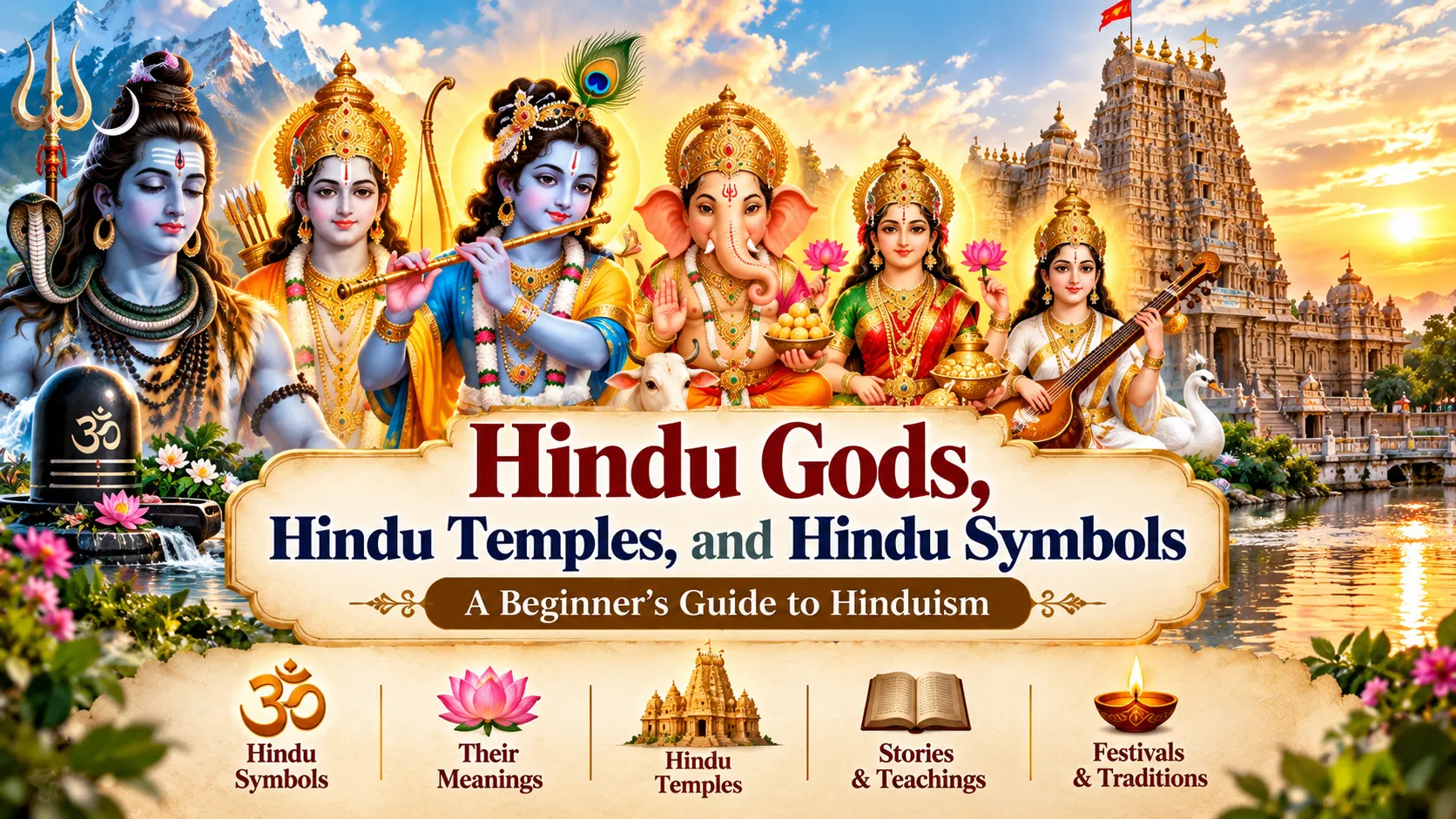 Hindu gods, traditional Hindu temple architecture, and sacred Hindu symbols representing Hindu culture and spirituality.